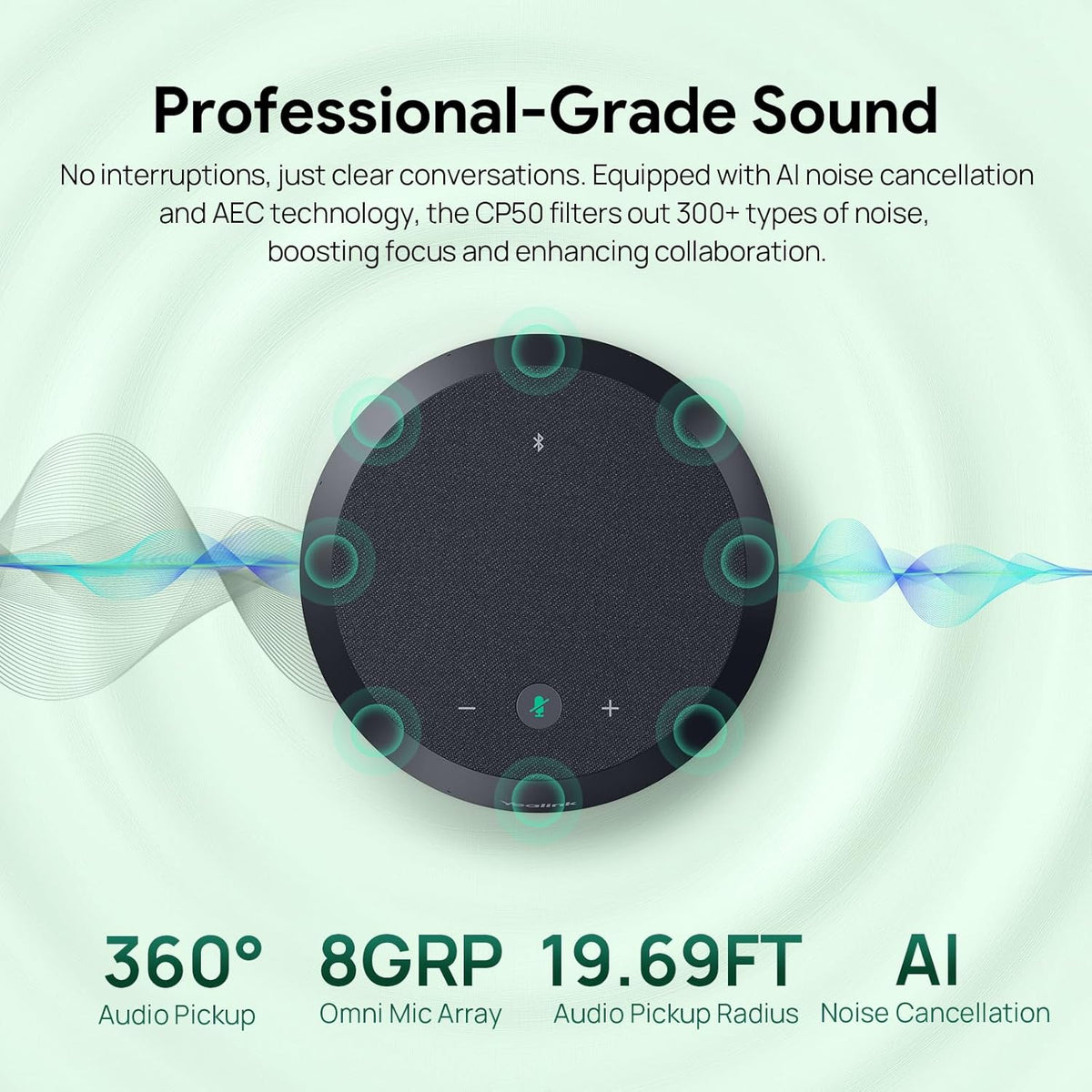 Yealink CP50 Conference Call Speaker and Microphone with Ai Noise Cancellation, Speakerphone for Teams Room, 8 360° Omnidirectional Mics, Bluetooth, USB-C, Daisy Chain, 19.69ft Pickup Telephon