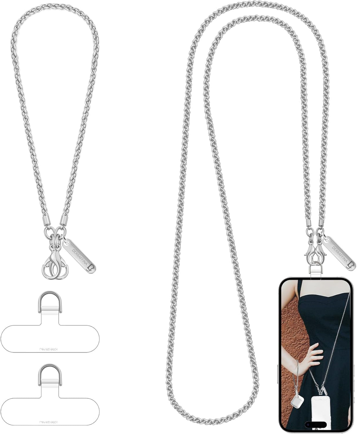 Metal Phone Chain, Crossbody Detachable Phone Lanyard with 1*Wrist Strap & 2* Tether Tabs for iPhone and Smartphones (Silver,Extend)