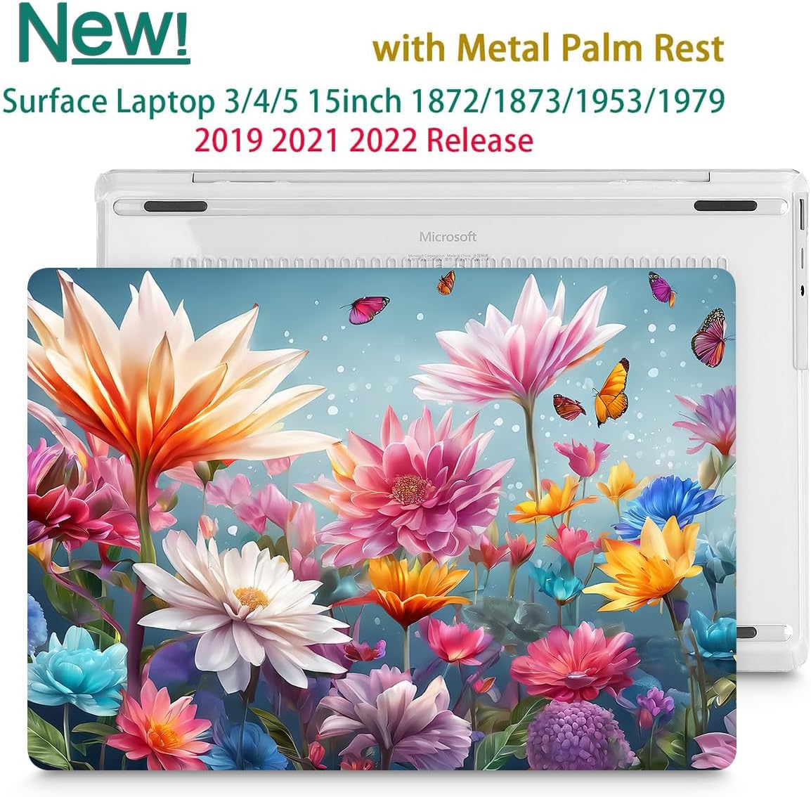Tuiklol Case for 15 Inch Microsoft Surface Laptop 5/4/3 2022-2020, Model 1979/1953/1872/1873 Hard Shell Cover, Keyboard Cover+Screen Protector+Dust Plugs,Multicolored Floral