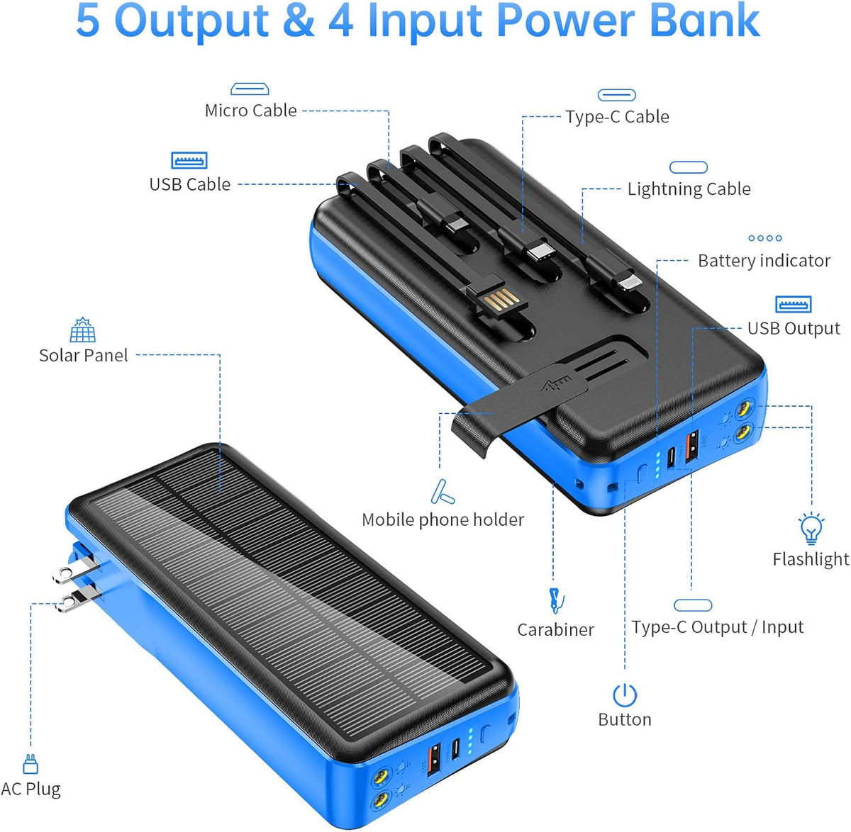 Portable Charger with Built in Cable and Wall Plug 50000mAh PD30W Fast Charging Solar Power Bank with 5 Output & 2 Input Dual LED Flashlights Phone Holder External Battery Pack (Blue)