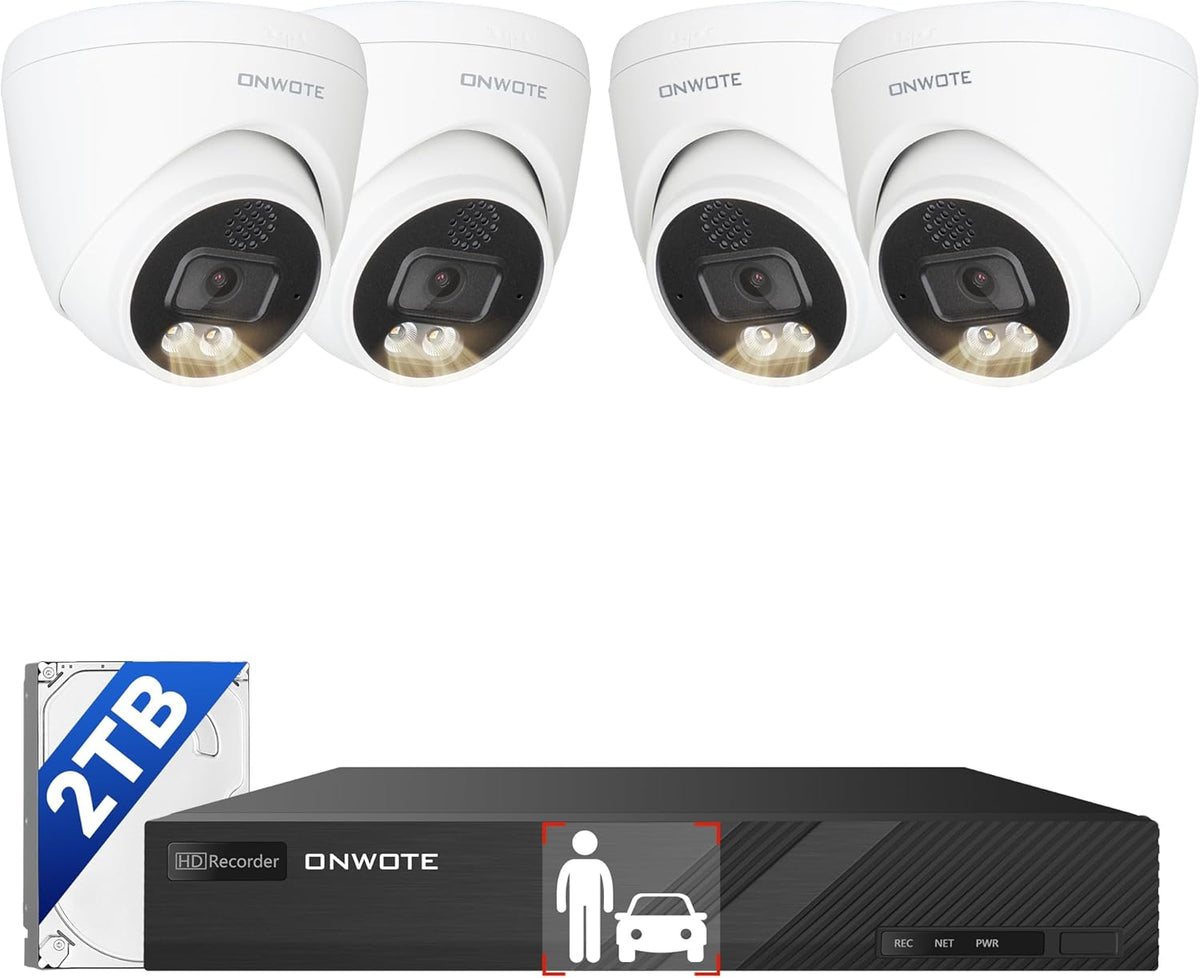 ONWOTE 4K NVR PoE Security Camera System 2 Way Audio, 8 Channel NVR 2TB, 4X 8MP Wired Outdoor IP Cameras, 125° FoV, AI Human Vehicle Detection Trigger Color Night Vision, CCTV Kit for Home Businesses