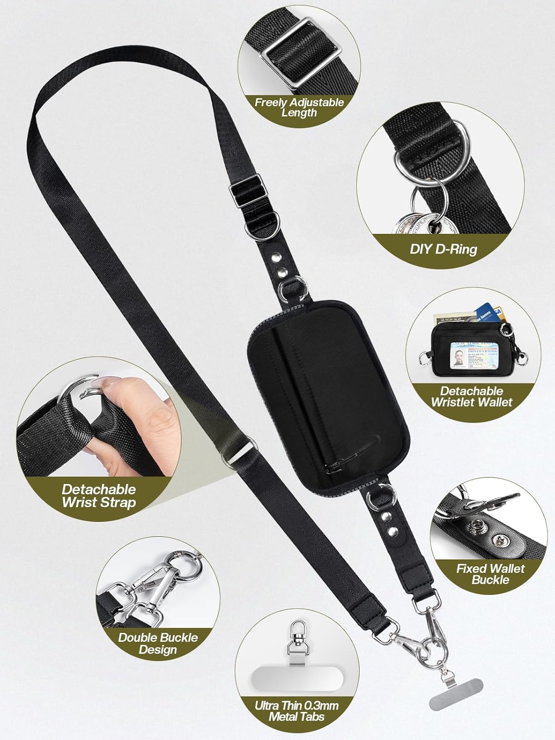 Clip and Go Strap for Phone with Wallet Crossbody Phone Lanyard Adjustable and Detachable RFID Wristlet Wallet with ID Window and Zipper, Black