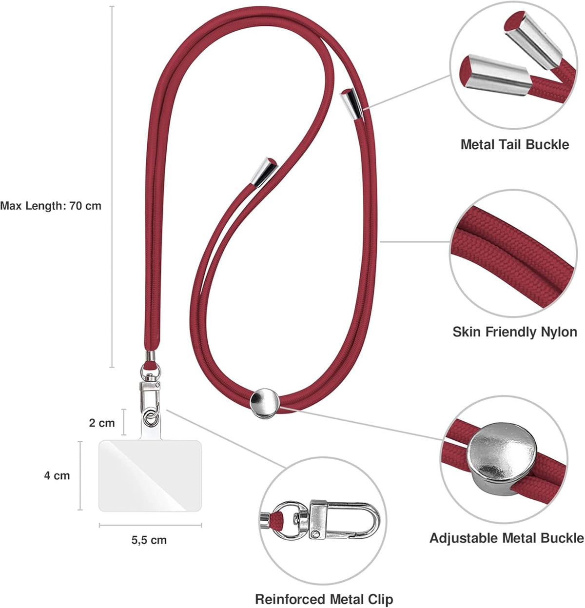 Cell Phone Lanyard [Bordeaux] - Comfortable Universal Smartphone Lanyard - Easy to Use Neck Phone Holder [Clear Patch] - Adjustable Length Phone Strap Crossbody - Fits All Mobile Phones