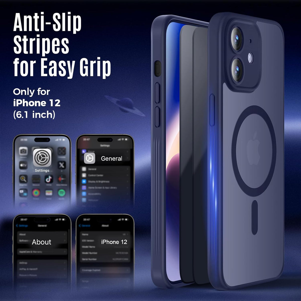 Designed for iPhone 12 Case, Compatible with MagSafe, with Privacy Screen Protectors X2, [Camera Protection] [15FT Military Drop Protection] Shockproof Phone Case, 6.1", Navy Blue