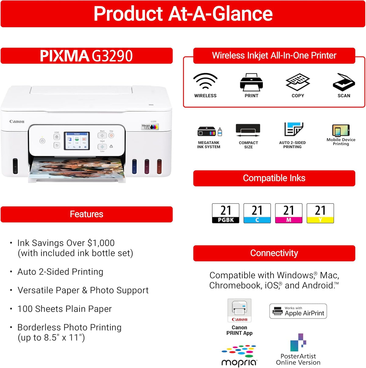 Canon Megatank G3290 All-in-One Wireless Supertank [Megatank] Printer | Print, Copy Scan | Mobile Printing |2.7" LCD Color Touchscreen | Auto Duplex