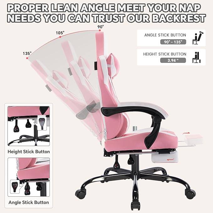 360° Swivel Gaming Chair for Adults with Retractable Footrest Ergonomic Video Game Chair with Headrest and Lumbar Support Height Adjustable Computer Chairs for Office or Gaming Pink