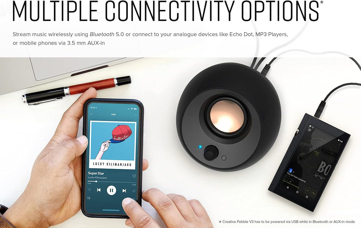Creative Pebble V3 Minimalistic 2.0 USB-C Desktop Speakers with USB Audio, Clear Dialog Enhancement, Bluetooth 5.0, 8W RMS with 16W Peak Power, USB-A Converter Included (White)