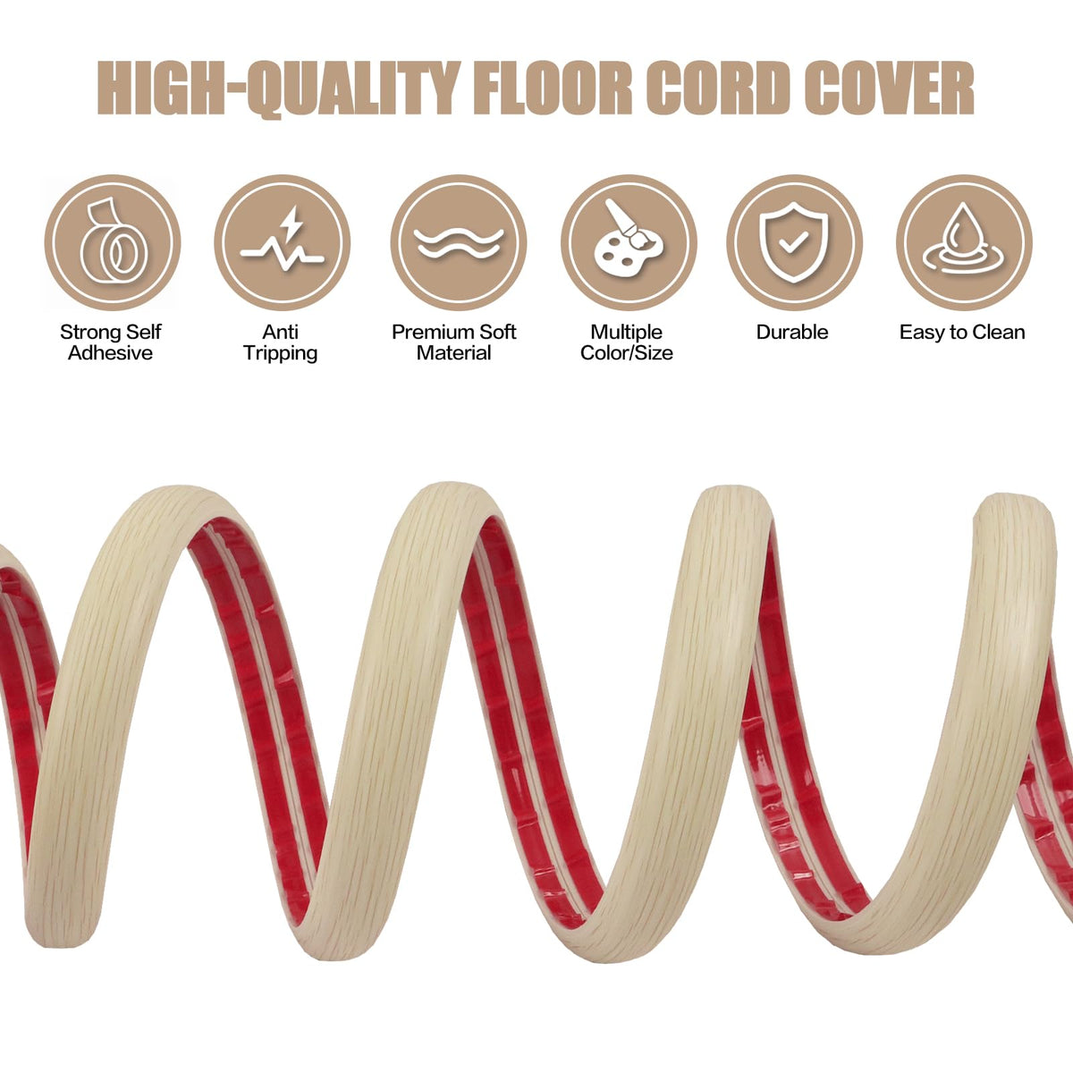 Floor Cord Cover Self Adhesive Cord Hider,10FT Cable Management, Extension Strip Protector for Wires, Prevent Cable Trips for Offices, Gyms, Exhibitions Cavity:0.39"(W) x 0.27"(H) Yellow Wood
