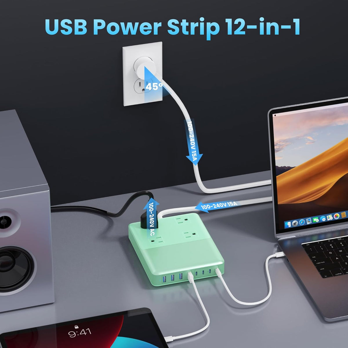 12-in-1 Charging Station USB C Power Strip with 5ft Cord,200W GaN IV USB C Charger Block,4 AC Outlets,4 USB-A,4 USB-C for MacBook,iPhone 16/15/14,Fast Charging Desktop Charger for Office (Green)