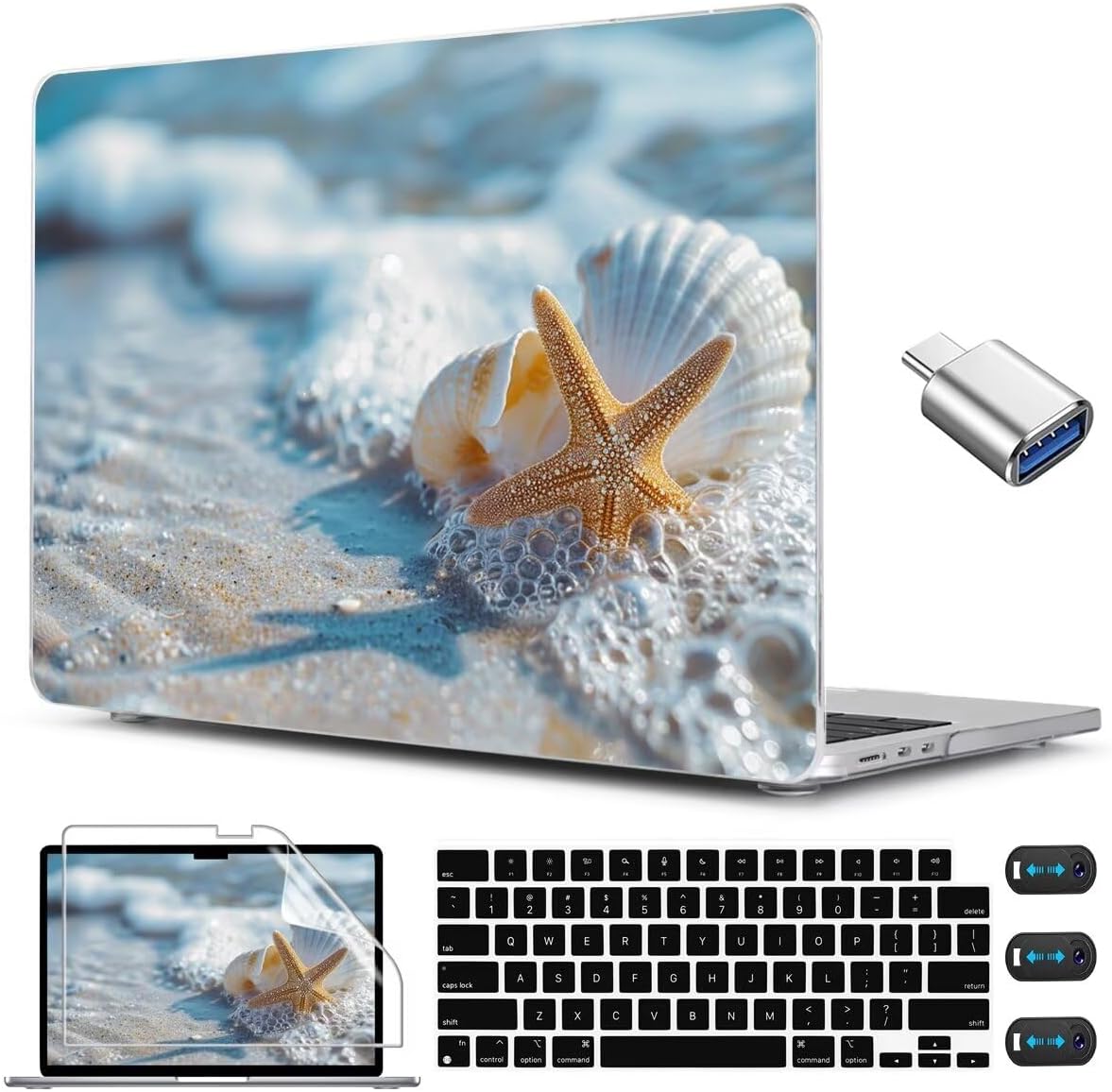 CISSOOK Compatible with MacBook Air 13.6 inch Case 2025 2024 2022 Release M4 A3240 M3 A3113 M2 A2681, Plastic Hard Shell Protective Case with Keyboard Cover Screen Protector, Beach&Shell