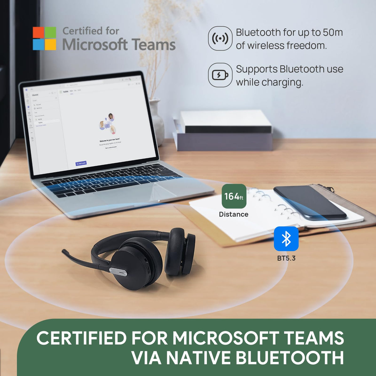 Yealink BH70 Mono Teams Wireless Headset with Mic for Work, Microsoft Teams Certified Bluetooth Headphone for 35h Calling, 91g All-Day Wearing