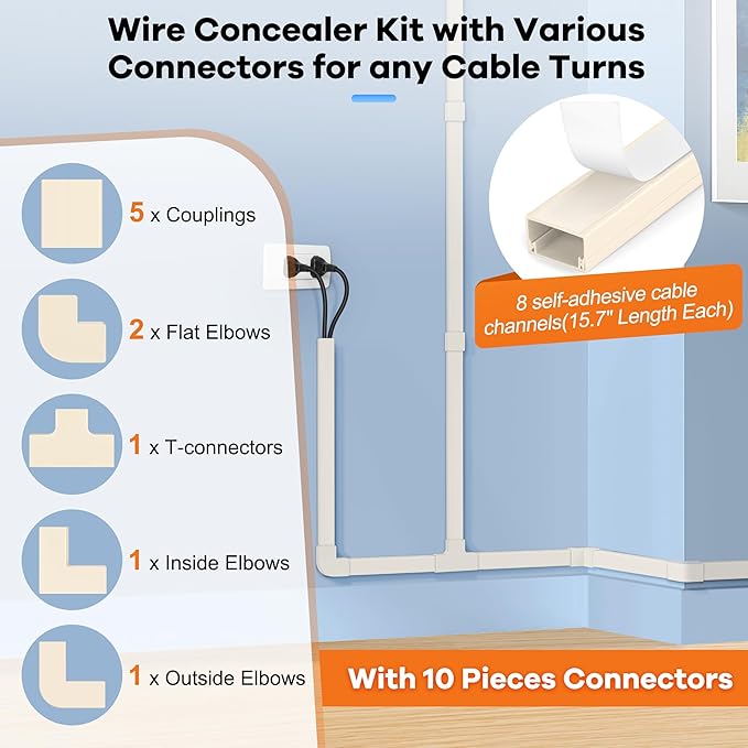126in Cord Hider Kit, Wire Hiders for TV on Wall, Paintable Cable Management Kit, Wire Cover for Wall Mount TV, Hide Wires Along Wall, Beige Cord Cover Wall Wire Management, 8xL15.7in W0.95in H0.55in