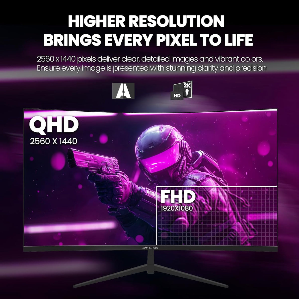 CRUA 32" Curved Gaming Monitor, 2K QHD 2560x1440P, 144Hz/165Hz Computer Monitors, 120% sRGB, FreeSync, Low Blue Light, 1800R VA Screen, HDMI 1.4/DP 1.2, Wall Mountable - Black