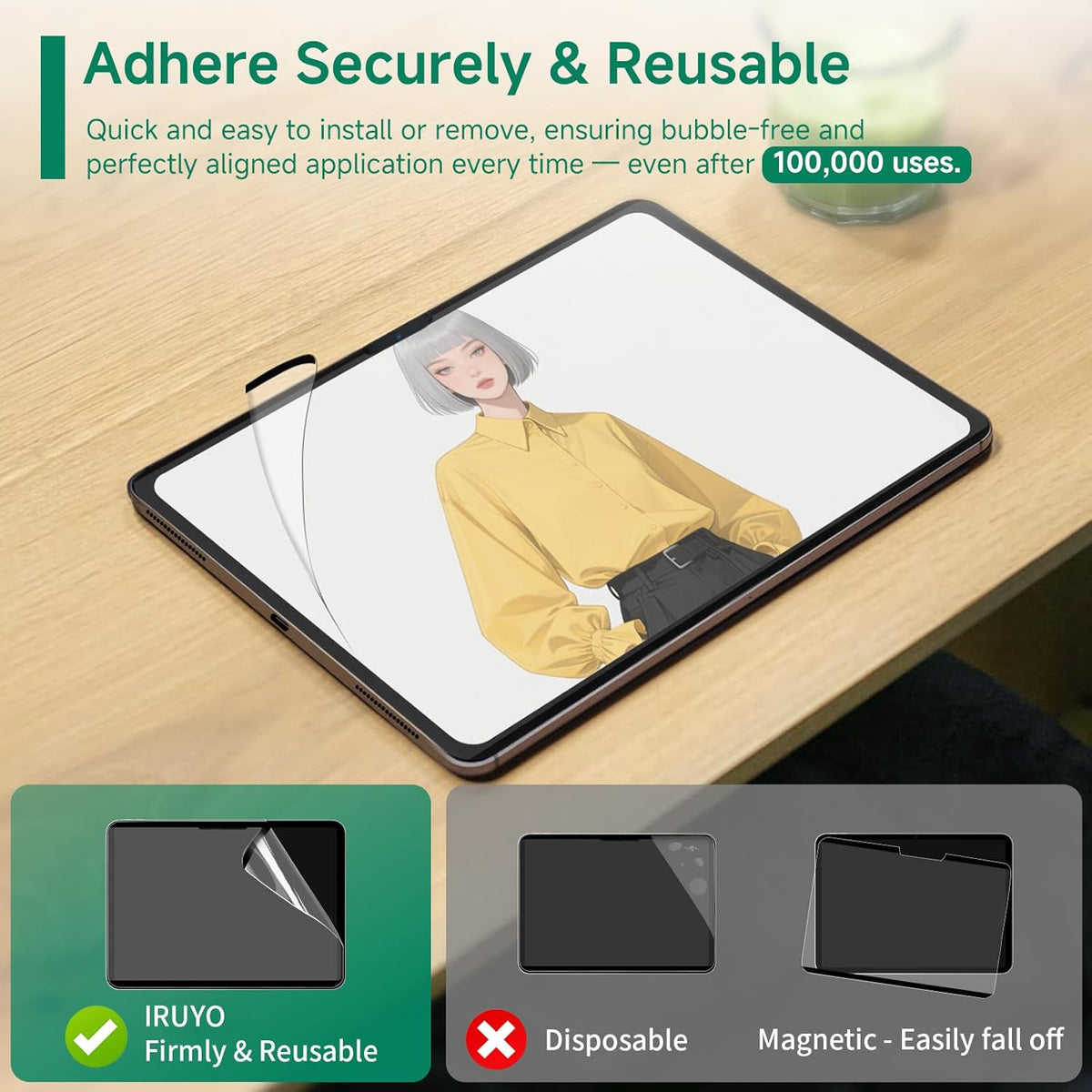 Nano-Suction Paper Feel Screen Protector for iPad 11th/10th Generation A16 (11/10.9 Inch, 2025/2022), Removable, Reusable, Write as Real Paper, Anti Glare, Stable, Matte Finish