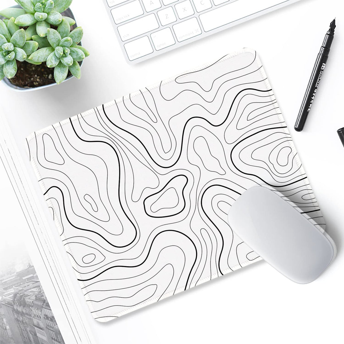 ITNRSIIET Mouse Pad with Stitched Edge Premium Textured Smooth Precise Operation Waterproof Washable Non-Slip Rubber Base Desktop Protection Mat, 10.2×8.3×0.12 inches, Topographic Contour White