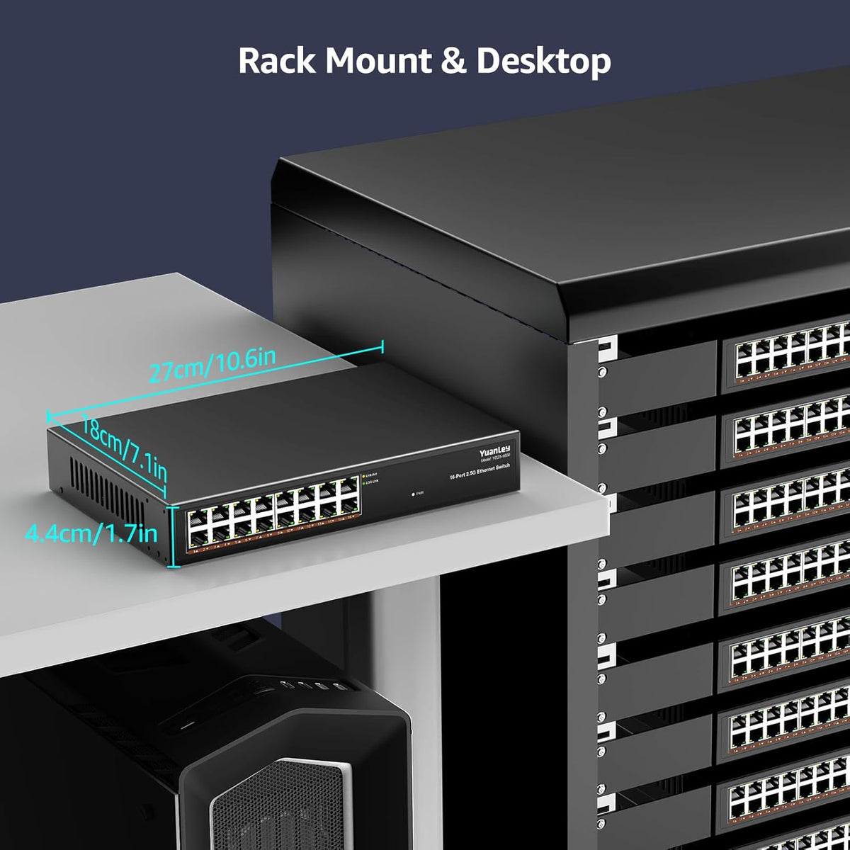 YuanLey 16 Port 2.5GB Umanaged Ethernet Switch, 16 x 2.5G Base-T Ports, Compatible with 100/1000/2500Mbps, Metal Fanless, Desktop/Rack Mount YuanLey 2.5 Gigabit Network Switch for Wireless AP, PC