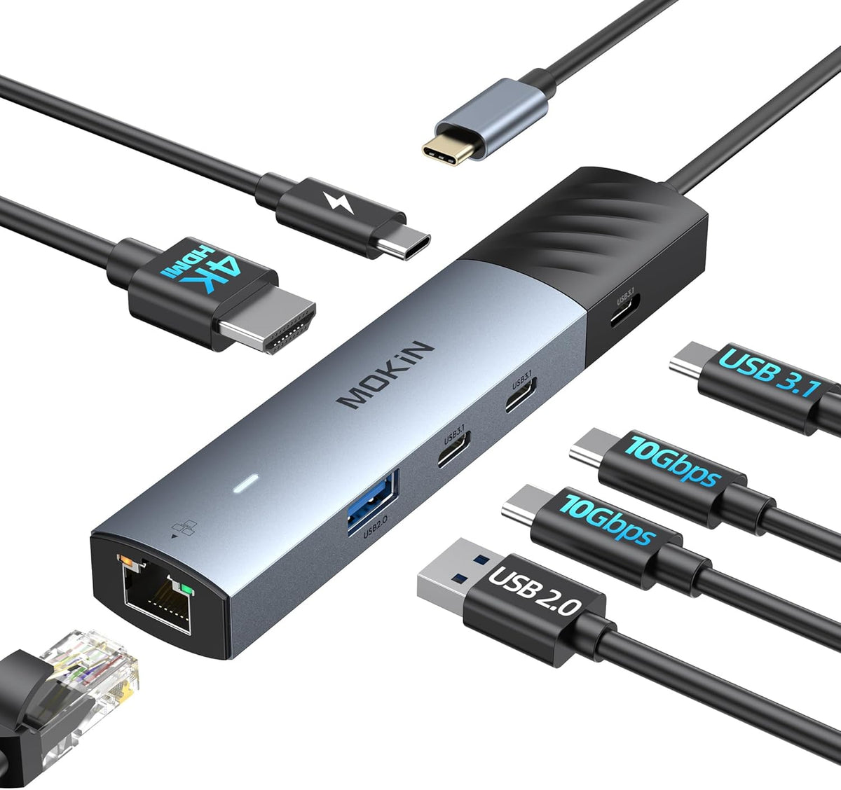 MOKiN 10Gbps USB C Hub Ethernet, 7 in 1 USB C Adapter for MacBook Pro/Air with 4K@60HZ HDMI, 3*USB-C 10Gbps Data, RJ45, USB 2.0, 100W PD, USB C Dongle for MacBook Pro/Air/Dell/HP/Thinkpad/Lenovo.