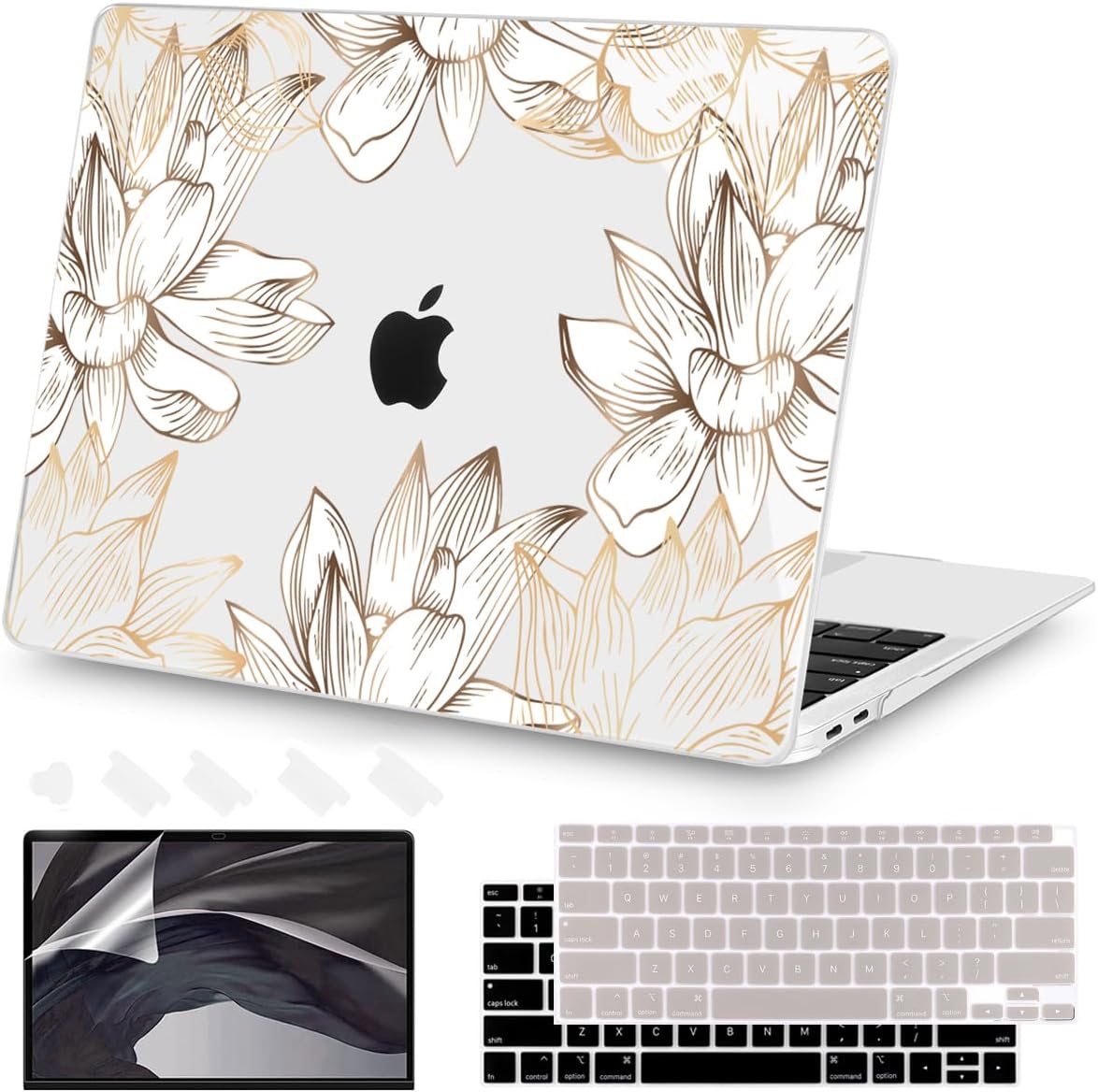 Teryeefi for MacBook Air 13 inch Case M1 2021 2020 2019 2018 Release (A2337 A2179 A1932 Retina Display with Touch ID), Plastic Hard Shell Case & Keyboard Cover & Screen Protector, W-Gold Flower Line
