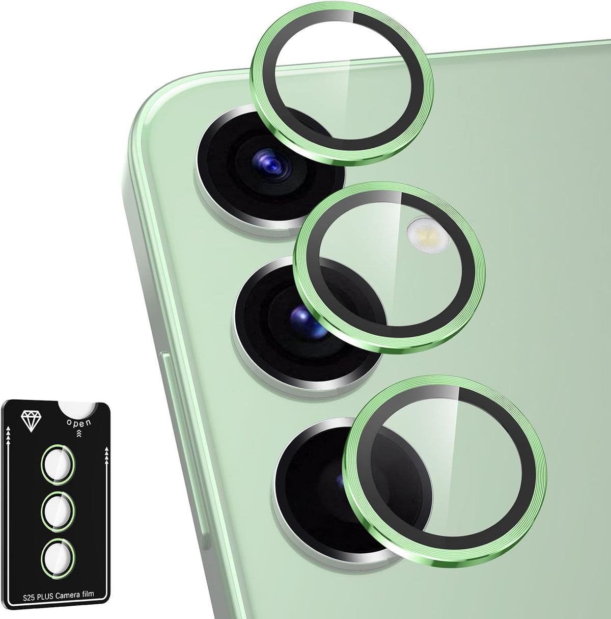 for Samsung Galaxy S25 Plus Camera Lens Protector, Individual Metal Ring Tempered Glass Lens Cover, [Strong Adsorption] Scratch Resistant Ultra-Thin HD Clear Lens Cover, 1 Set-Green