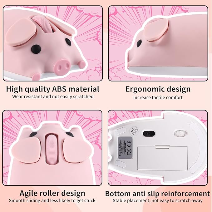 Cute Bluetooth Wireless Mouse with 2.4GHz USB Receiver Cartoon Pig Dual Mode Computer Mouse Silent Clicks Optical Mice for Laptops Mac iPad PC Chromebook Office Students Home Gift(Pink)