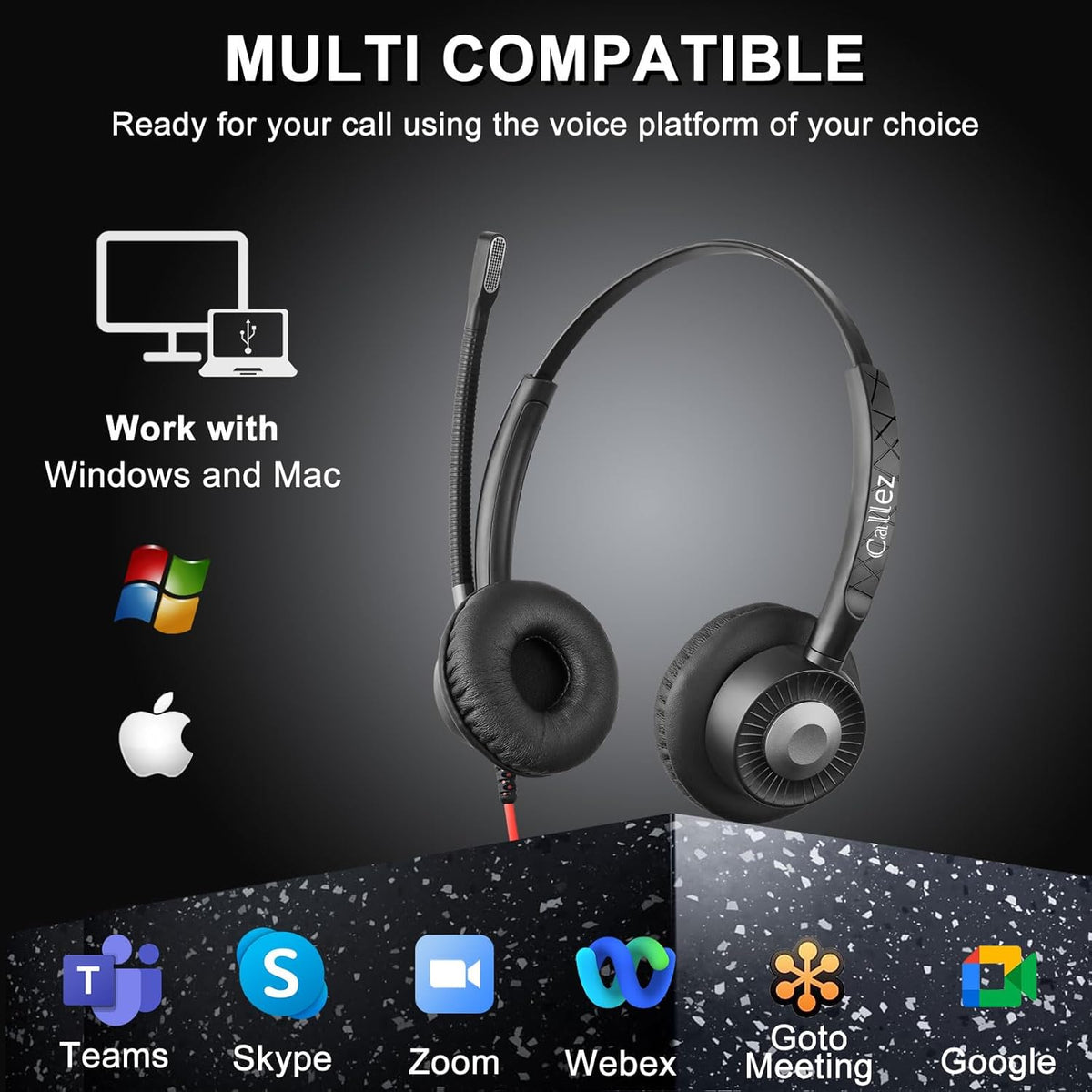 Callez USB Headset with ENC Dual Mic Noise Cancelling for PC Laptop Mac, Computer Headset with MS Teams Call Button Wired Stereo Headphones for Teams Zoom Home Office Work Call Center