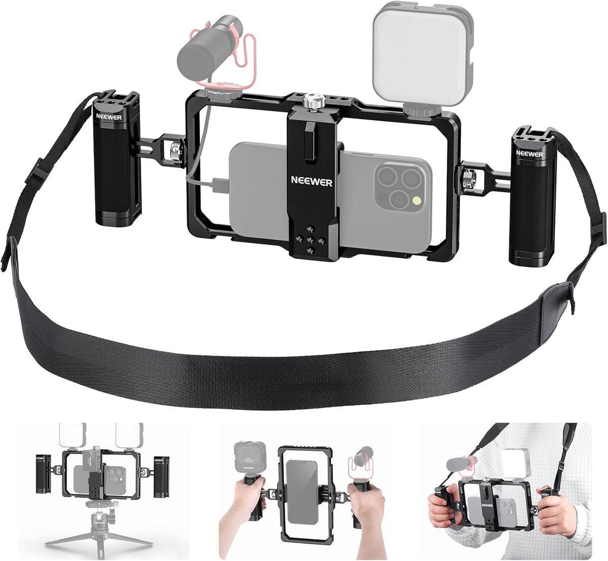 NEEWER Smartphone Video Rig with Neck Strap/Dual Handle/Lavalier Mic Clip Slot Compatible with SmallRig Video Recording Phone Cage Stabilizer for iPhone 16 15 Pro Max Galaxy S23 Pixel 8 Pro, PA009S