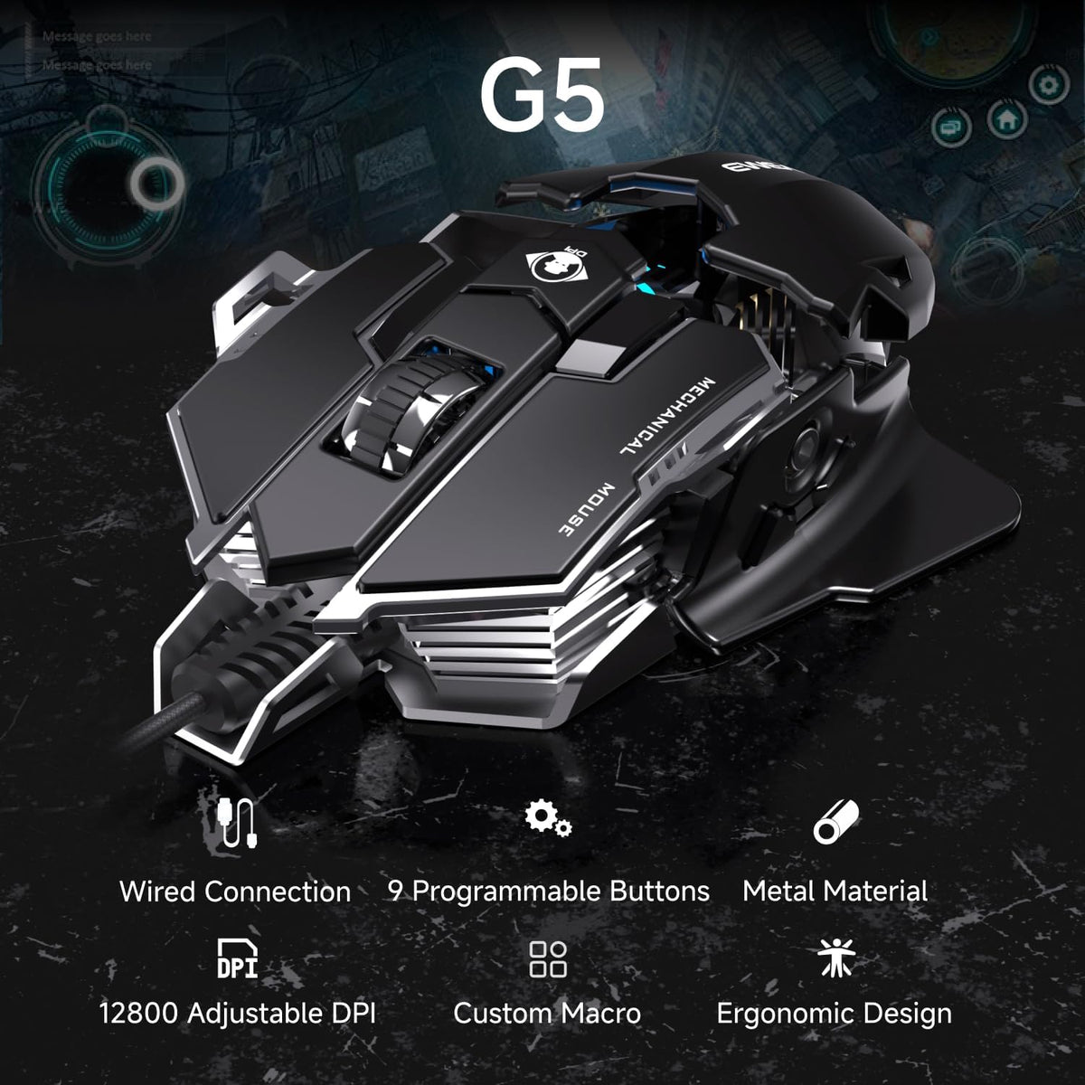 EWEADN G5 Wired Gaming Mouse, Ergonomic RGB Computer Mouse, 12800 Adjustable DPI, 9 Programmable Macro Buttons with Rapid Fire Key Compatible for PC/Laptop/Windows-Black&White