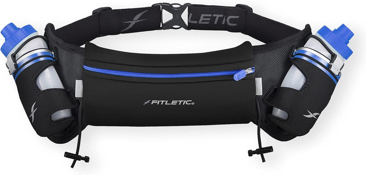Fitletic Hydration Running Belt with Water Bottles for Men & Women – 2 Quick Flow 8oz Running Water Bottles, Patented Bounce Free Design, Water Resistant Pouch Fits All Phones – Hydra 16