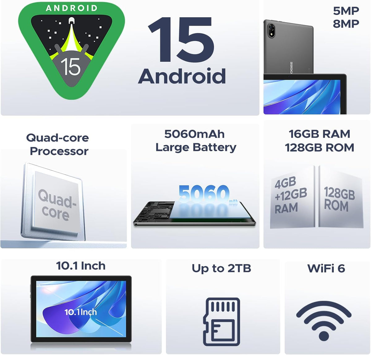 DOOGEE U10(2025) 10 inch Tablet with Keyboard, Android 15 Tablet 16GB+128GB/2TB Expand, 2.0GHz Quad Core Gaming Tablets,5060mAh,1280x800 IPS HD Touchscreen,WiFi 6,Dual Camera,BT5.0,Widevine L1,Gray