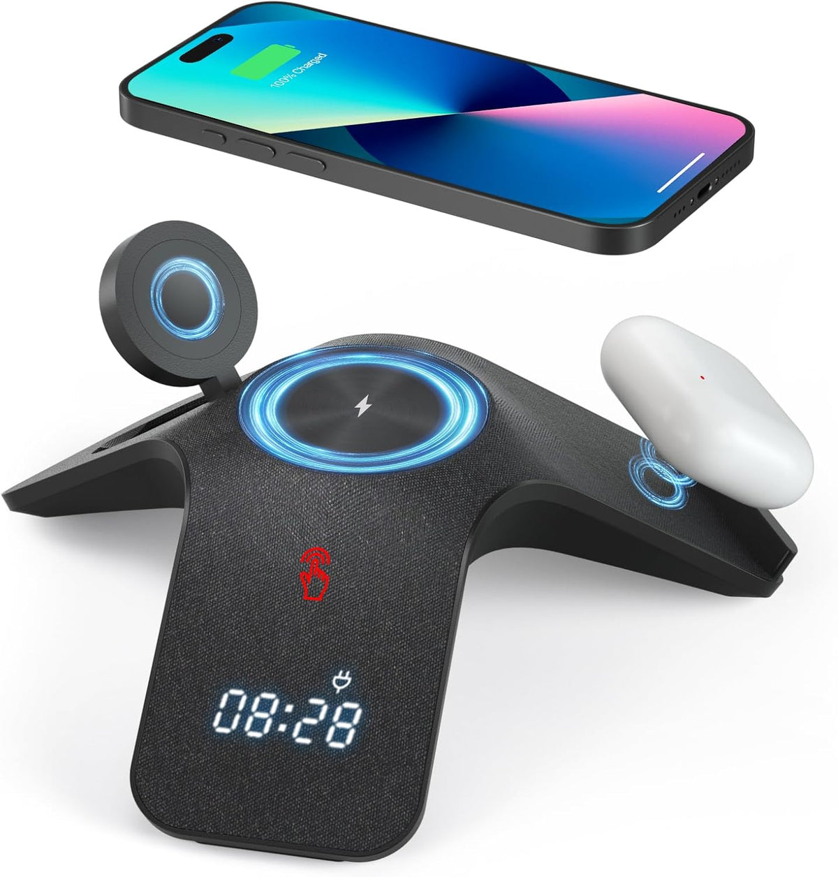 YLF 5-in-1 Wireless Charger station - Fast Charging Wireless Charging Stand with Adapter,Samsung Wireless Charger with 7-Color LED and Bluetooth Clock for iPhone 15/15 Pro/14/13/12,Apple Watch,AirPods