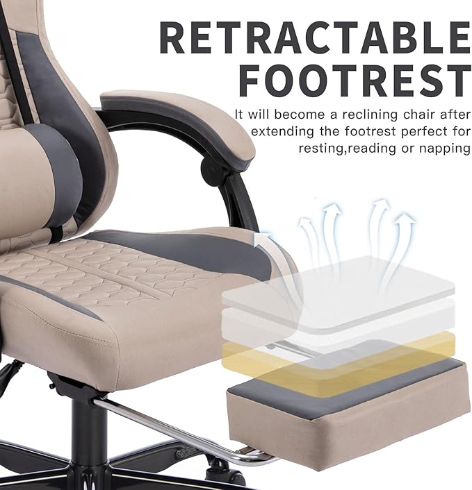 Grey Ergonomic Gaming Chairs for Adults Swivel Height Adjustable Comfortable Office Desk Chair with Footrest and Lumbar Support PU Upholstered Computer Chair with Headrest (Grey)