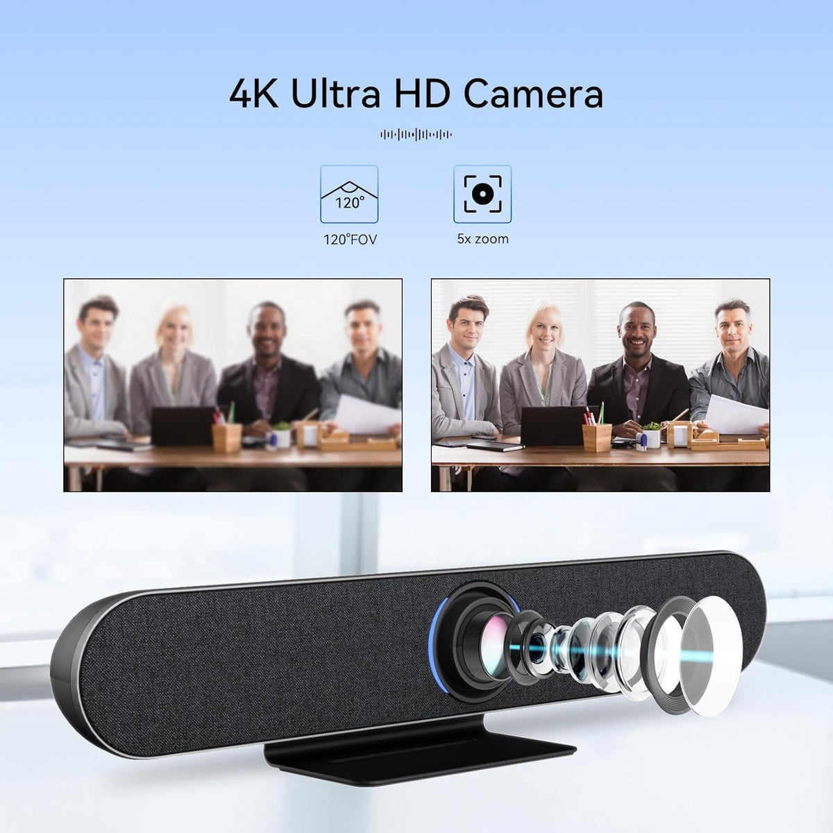 Retekess TC201 4K USB Video Conference Room Camera, AI Auto Fram, Speaker Tracking,120° Wide Angle, 5X Zoom,4 Noise-reducing Mic & 5W Speaker, for Small Meeting Rooms