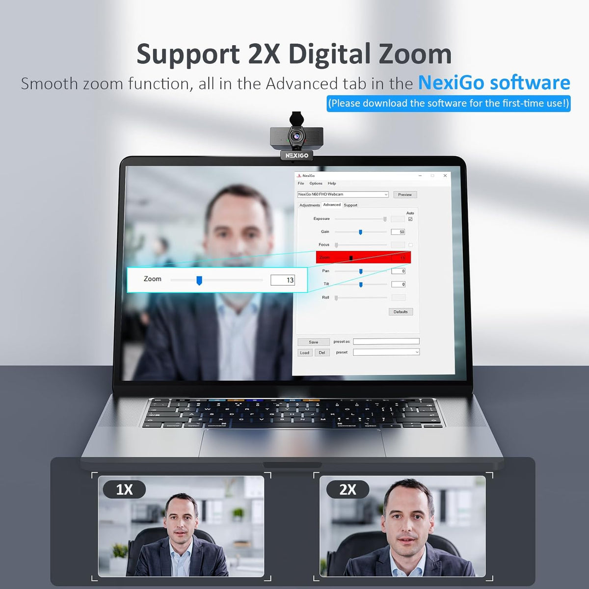 NexiGo N60 Pro (Gen 2) 1080P Webcam with Distortion-Free Lens, USB A to Type-C Data Cable, Noise Reduction Mic & Privacy Cover, for Zoom/Skype/Teams/Webex, Laptop MAC PC Desktop