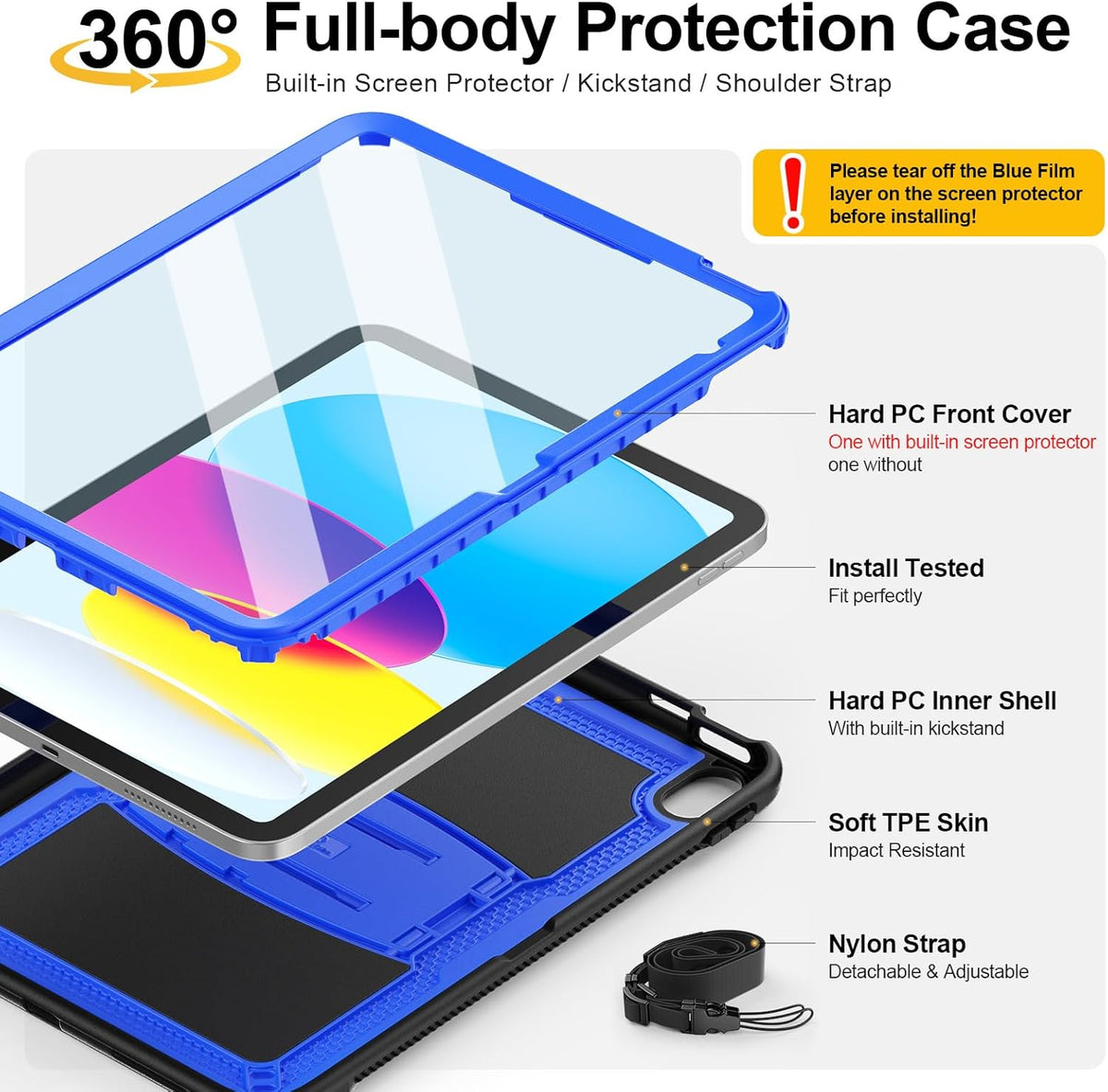 SEYMAC stock Case for iPad (A16) 11th/10th Generation 11''/10.9'' 2025/2022, with Built-in Screen Protector, Shoulder Strap, Built-in Kickstand, Rugged Full Body Shockproof Protective Case, Blue