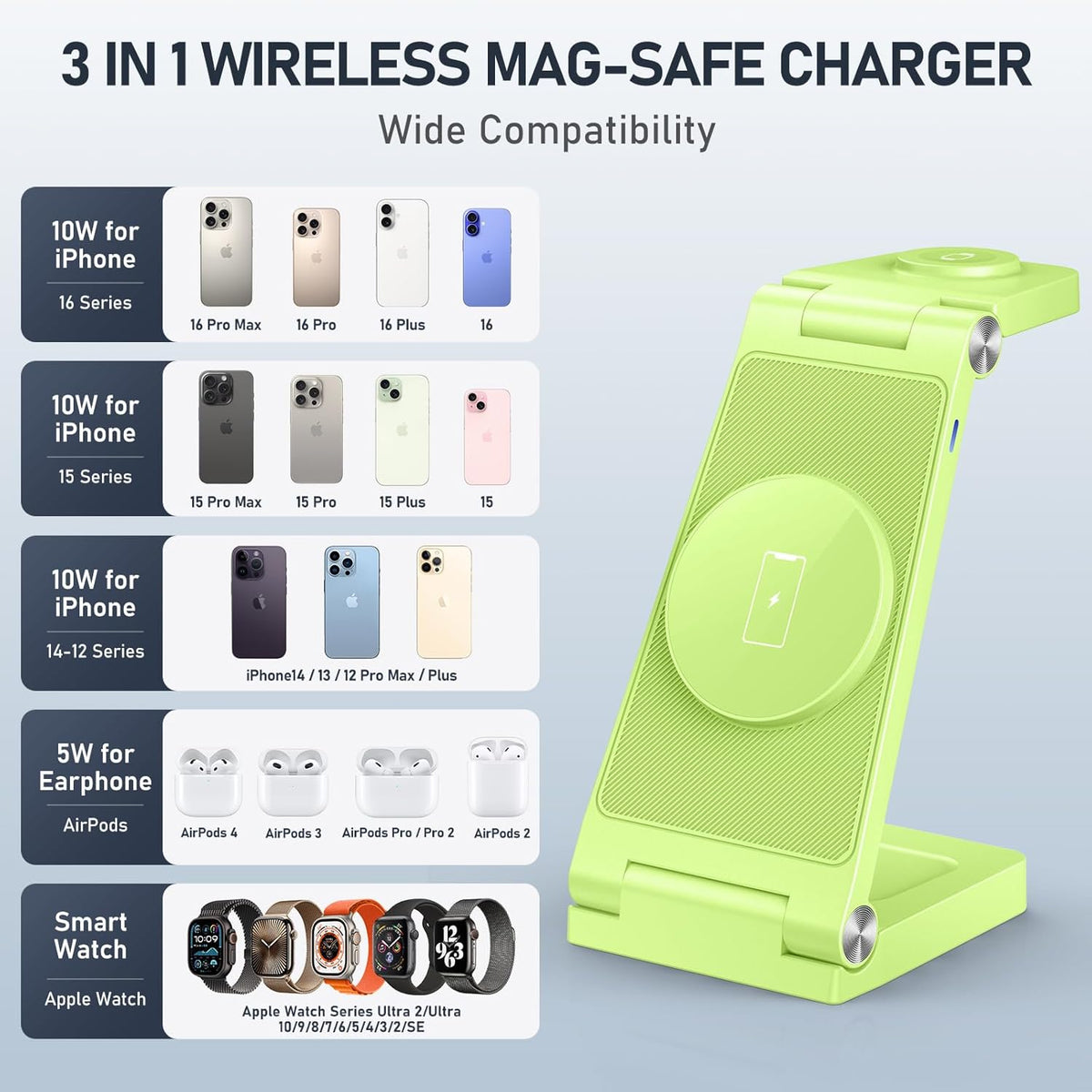 Magnetic Wireless Charger Stand, 3 in 1 Foldable Wireless Charging Station, Travel Charger for Multiple Devices for iPhone 15 14 13 12 Series, Apple Watch Ultra/SE/9/8/7/6/5/4/3/2, AirPods