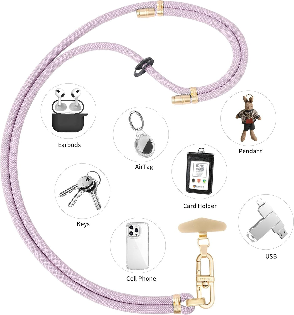 Adjustable Anti-Theft Phone Lanyard - 8mm Mountain Climbing Rope Neck & Crossbody Strap with Secure Locking Metal Clip - Rugged Outdoor Design for Smartphones (Light Purple)