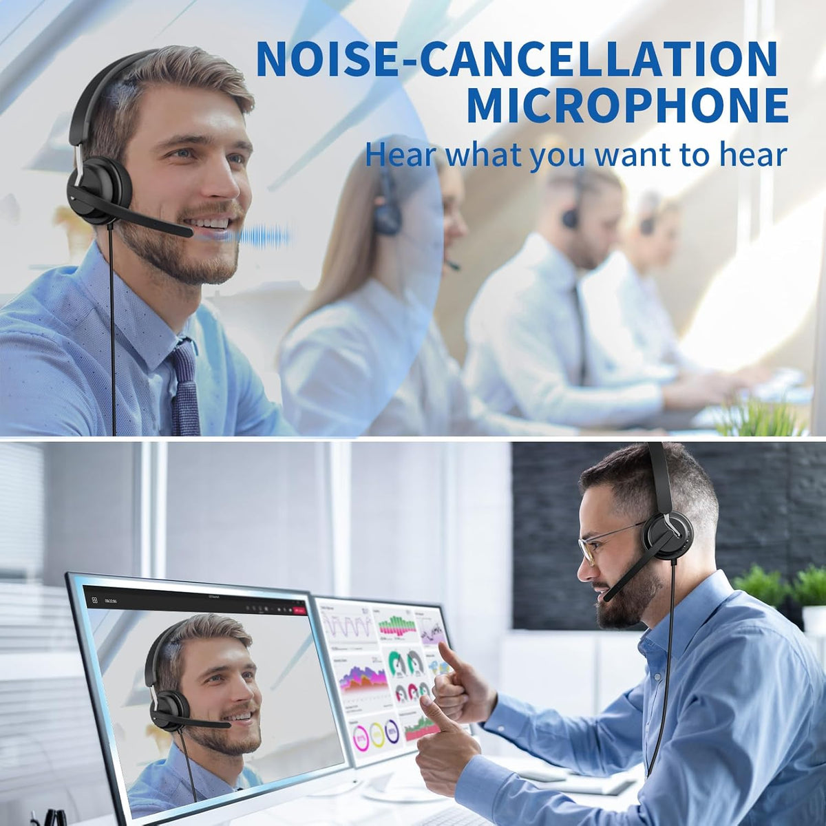 USB Headset with Microphone for PC, Computer Headset with Noise Canceling Microphone for PC Laptop, in Line Mute Controls, Wired Headset for Work from Home/Office/Call Center/Teams/Zoom