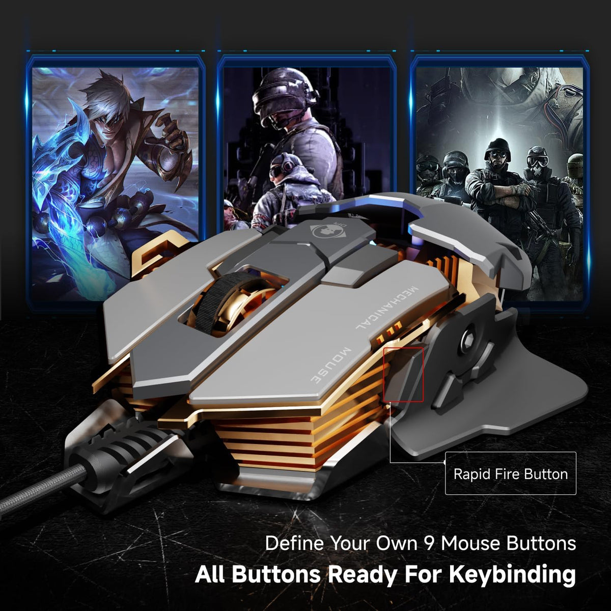EWEADN G5 Wired Gaming Mouse, Ergonomic RGB Computer Mouse, 12800 Adjustable DPI, 9 Programmable Macro Buttons with Rapid Fire Key Compatible for PC/Laptop/Windows-Grey