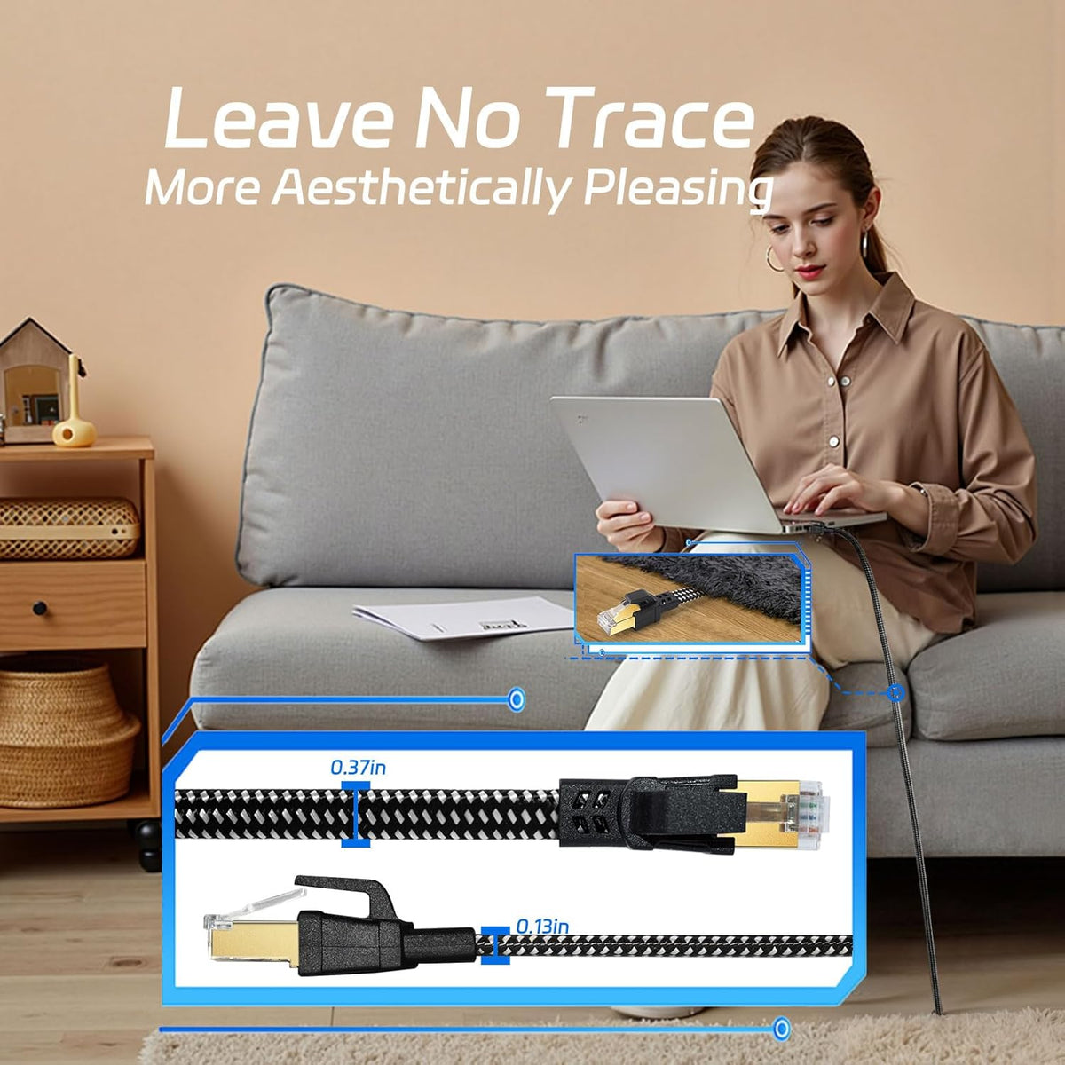 8 75FT, RJ45 40Gbps 2000Mhz Cat Ethernet Cable High-Speed Braided Internet Cable Network Cord with Connector Heavy Duty