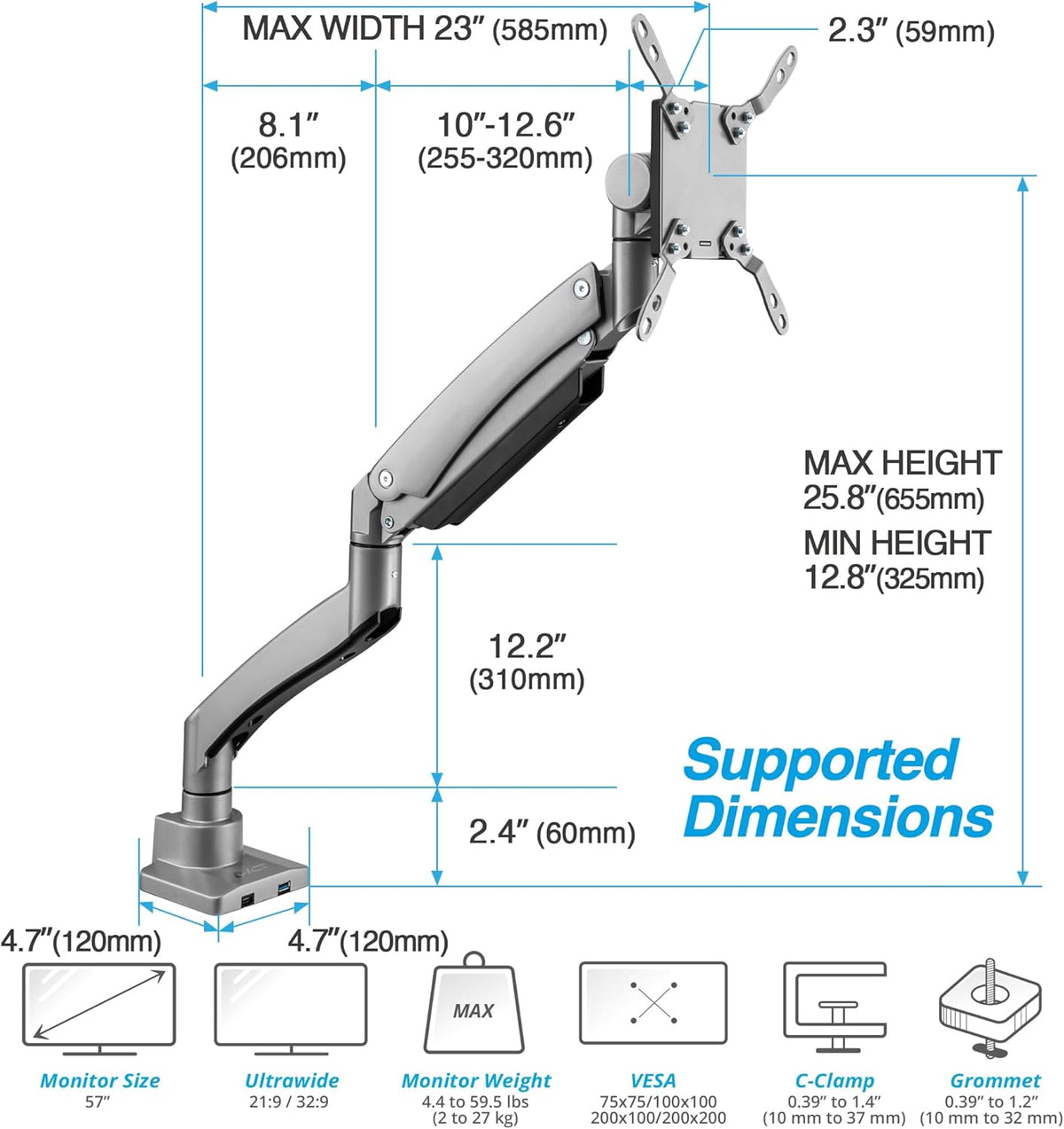 AVLT Single 17"-57" Super Ultrawide Monitor Arm for Screens Up to 59.5 lbs, Premium Aluminum Desk Stand, Adjustable Pneumatic Height, Full Motion Swivel Tilt Rotation, USB-C & USB-A Ports, Gray