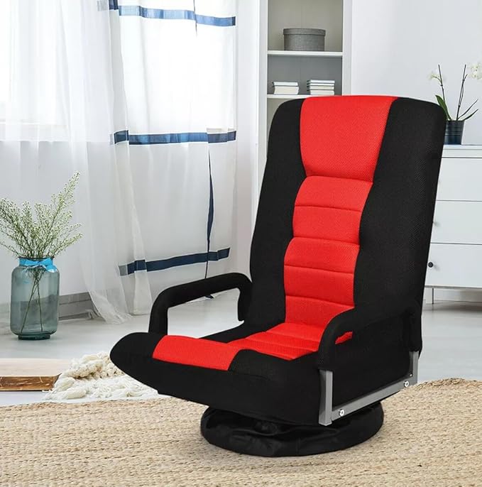 Swivel Video Rocker Gaming Chair Adjustable 7-Position Tatami Bed Lazy Sofa with Armrests Legless Bedroom Bay Window Folding Back Chair Gaming Computer Chair (Red)