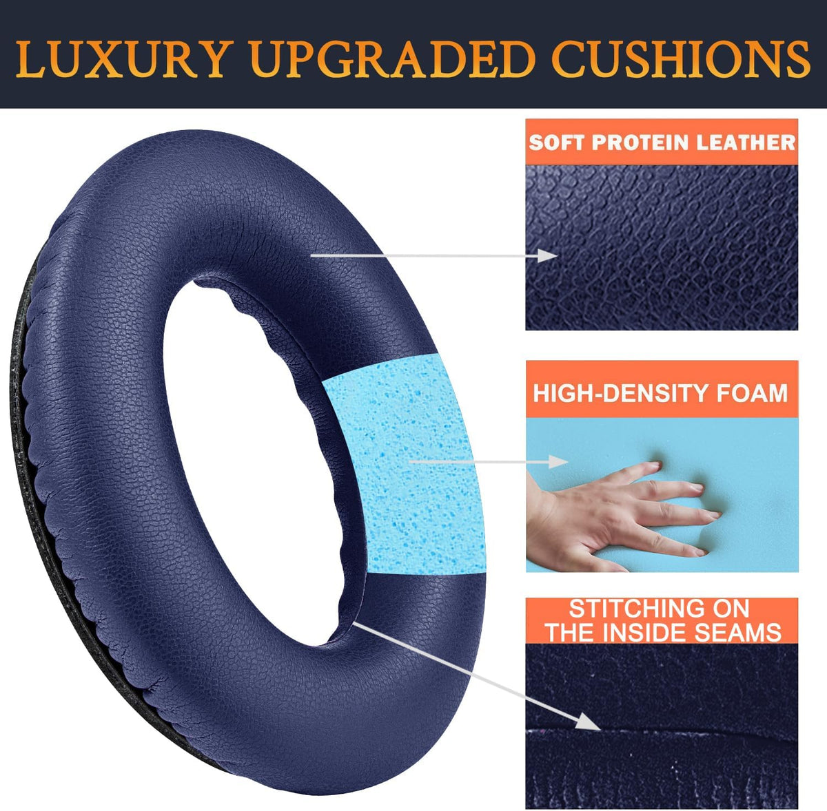 SoloWIT Replacement Earpads Cushions for Bose QuietComfort 35 (QC35) & Quiet Comfort 35 II (QC35 ii) Headphones, Ear Pads with Softer Leather, Noise Isolation Foam, Added Thickness (Midnight Blue)