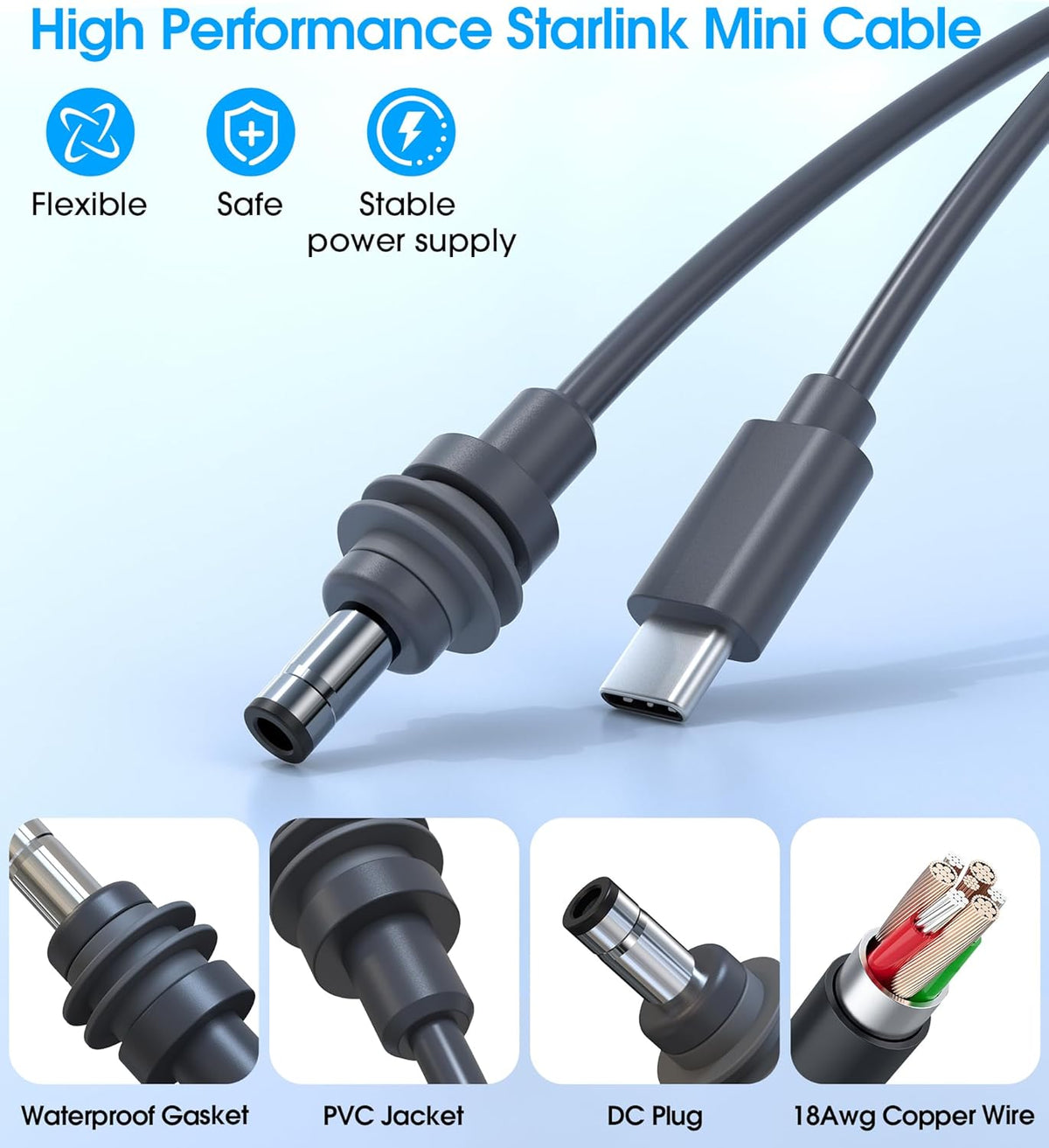 10FT (3M) Starlink Mini USB-C to DC Power Cable – Waterproof 18AWG, PD 100W Compatible, Durable for Outdoor & Travel Use