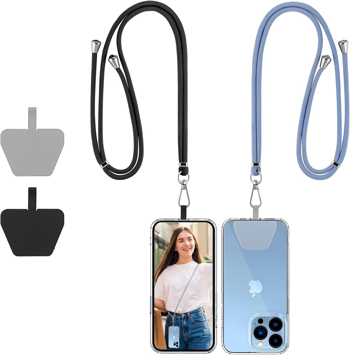 CACOE Phone Lanyard-2 PCS Adjustable Neck Strap,Universal Crossbody Multifuctional Cell Phone Lanyards Compatible with Most Smartphones(Black+Light Blue)