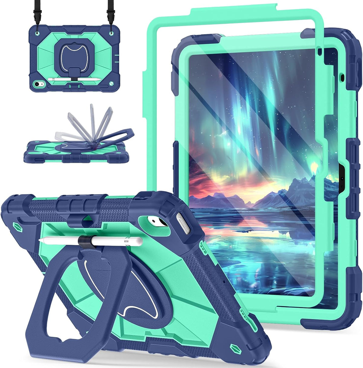Case for iPad (A16) 11th Generation 11 Inch (2025), iPad 10th Generation Case 10.9 Inch (2022), Shockproof Cover with 360° Rotating Stand Screen Protector Pen Holder Shoulder Strap, Navy Mint