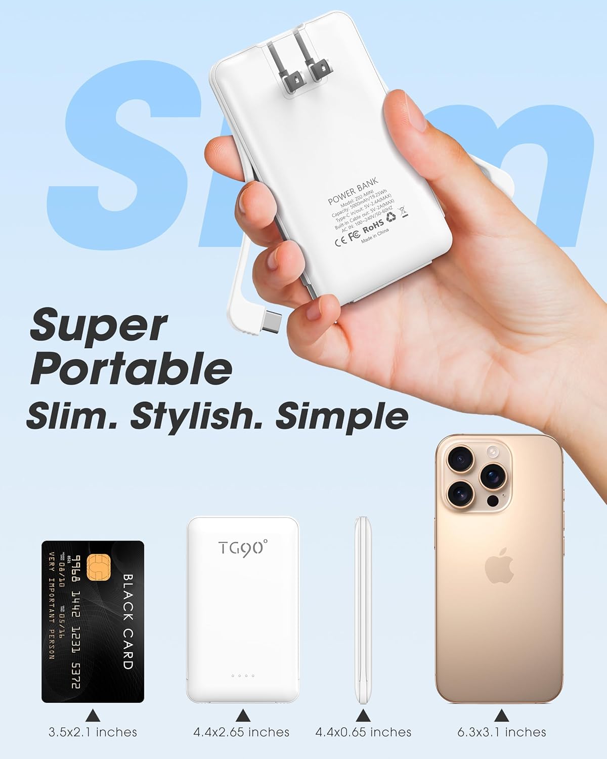 TG90° 2 Pack External Battery Pack 5000mAh Portable Charger, USB C Power Bank with Built-in Foldable AC Wall Plug and Cables, Mini Battery Charger Compatible with iPhone, Samsung, Google etc