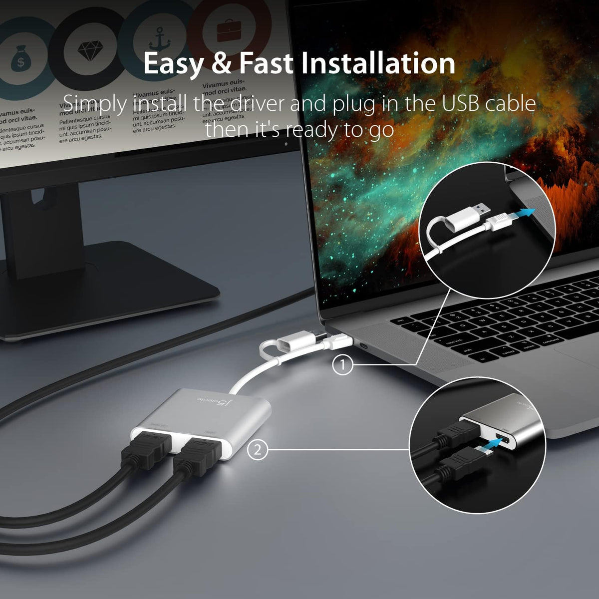 j5create USB-C to Dual HDMI Multi-Monitor Adapter with USB Type-A convertor | 4K + 2K | Compatible with Windows and Mac (JCA365)