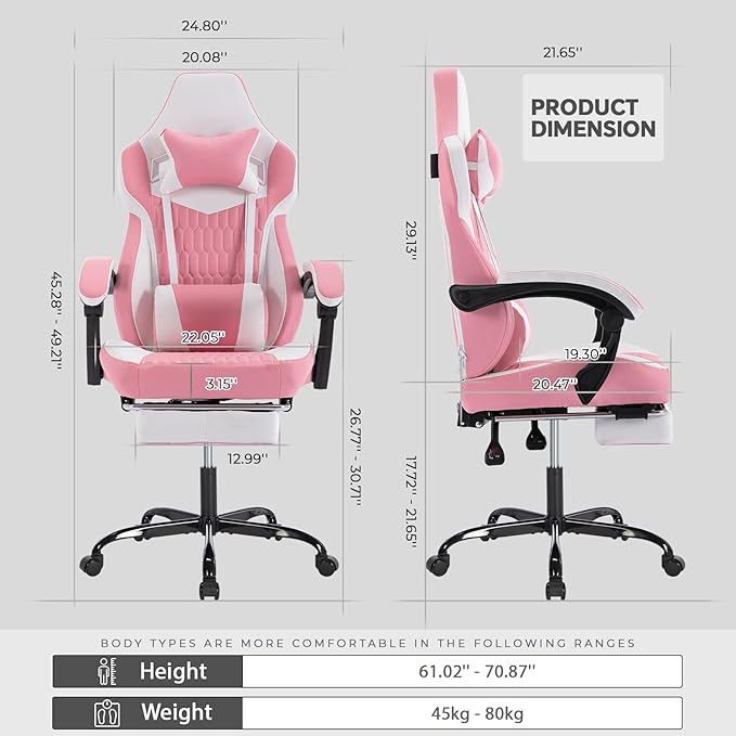 High-Back Gaming Chair with Footrest – PVC Leather Ergonomic Office &amp Racing Style Video Gaming Chair (Pink)
