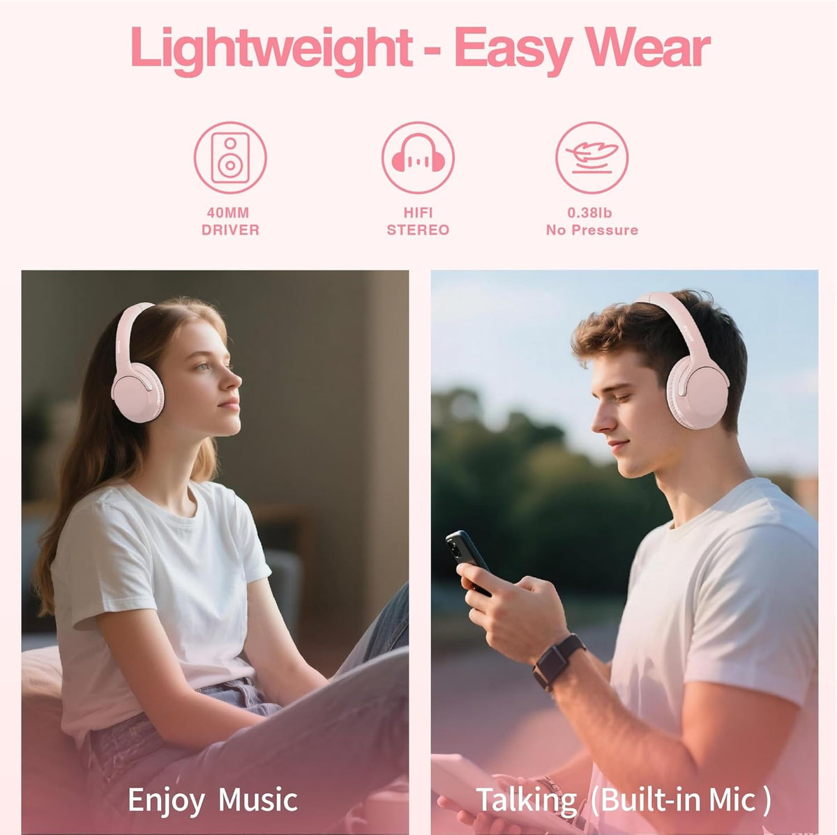 MIDOLA Bluetooth Headphones Over Ear 68H Playtime 6 EQ Wireless Headset with Microphone HiFi Stereo Foldable Lightweight Deep Bass for Travel Home Office Cellphone Pink