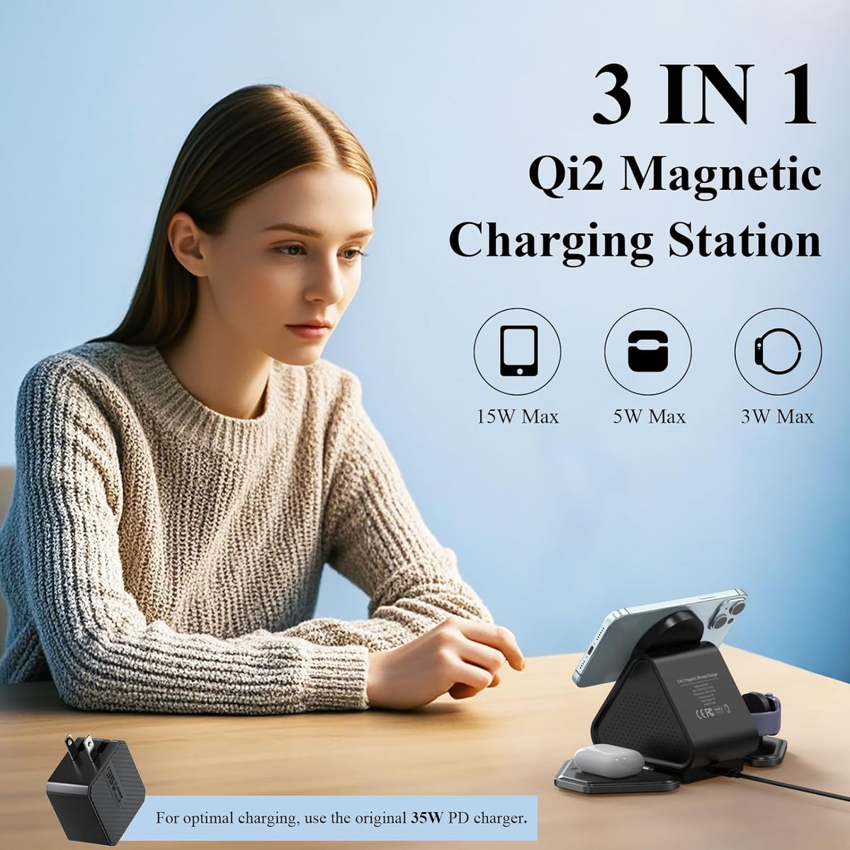 3 in 1 Charging Station, Mag Safe Wireless Charger Stand, Qi2 Certified, 15W Multiple Device Magnetic Charging Station for iPhone 16,15,14,13,12 Series, Apple Watch, AirPods (USB-C Charger Included)